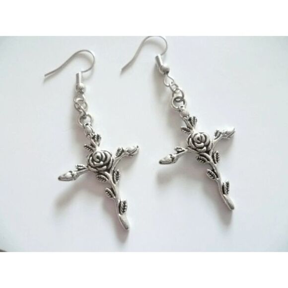 Silver Rose Flower Cross Crucifix Dangle Earrings - Picture 1 of 2